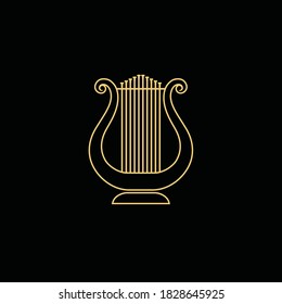 Harp isolated vector. Clean minimalist golden harp on black. Thin line musical instruments in gold color illustration.