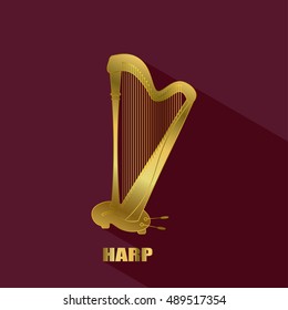 Harp logo. Thin line vector golden icon with music instrument.