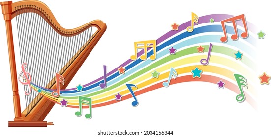 Harp with melody symbols on rainbow wave illustration