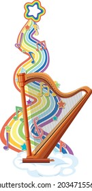Harp with melody symbols on rainbow wave illustration