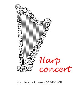 Harp music concert poster with silhouette of classic harp made up of strings and musical notes, treble and bass clef, rest, key signature. Musical entertainment event or contest design