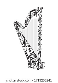 vector de instrumento de música de arpa. icono de símbolo de cadenas aislado en blanco