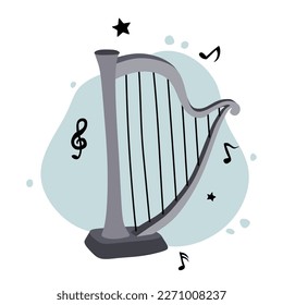 Harp and music notes. Classical string musical instrument. Cute flat cartoon style. Harp icon. Vector illustration