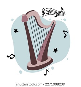 Harp and music notes. Classical string musical instrument. Cute flat cartoon style. Harp icon. Vector illustration