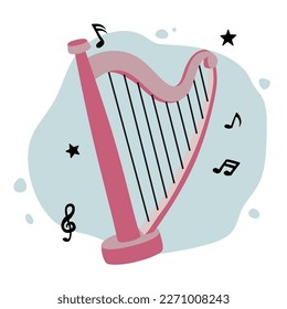 Harp and music notes. Classical string musical instrument. Cute flat cartoon style. Harp icon. Vector illustration