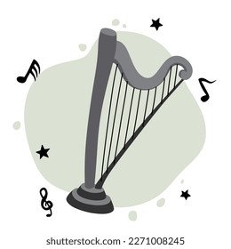 Harp and music notes. Classical string musical instrument. Cute flat cartoon style. Harp icon. Vector illustration