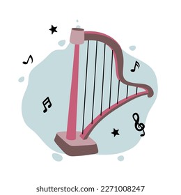 Harp and music notes. Classical string musical instrument. Cute flat cartoon style. Harp icon. Vector illustration