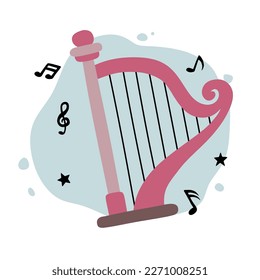 Harp and music notes. Classical string musical instrument. Cute flat cartoon style. Harp icon. Vector illustration