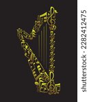 Harp musical instrument from the arrangement of musical notes, golden harps vector isolated on black background, EPS 10.