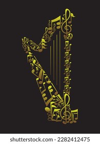 Harp musical instrument from the arrangement of musical notes, golden harps vector isolated on black background, EPS 10.