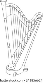 Harp Musical Instrument Black and White Vector Line Art Illustration