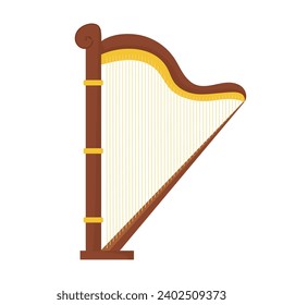 Harp musical instrument isolated on white background. Classical music element with strings in cartoon style. Vector illustration