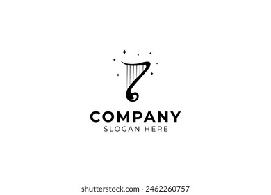 harp musical instrument logo with a combination of note shapes decorated with stars in a flat vector design style