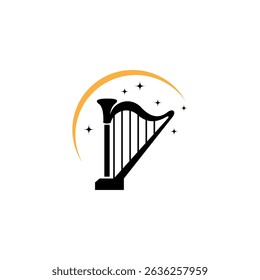harp musical instrument logo with crescent moon and star in flat design style