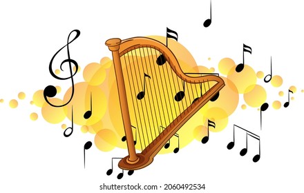 Harp musical instrument with melody symbols on yellow splotch illustration