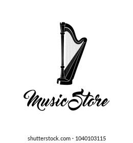 Harp musical instrument. Music Store logo label badge. Vector illustration isolated on white background.