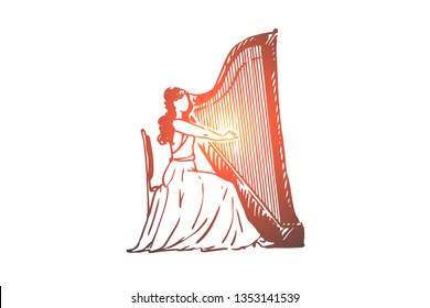 Harp, musician, woman, performance, instrument concept. Hand drawn woman playing on harp concept sketch. Isolated vector illustration.