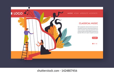 Músicos de Harp música clásica concierto página web plantilla de vector cuerda musical hombre y mujer tocando arte melódico entradas en línea orden de simulación de sitio web orquesta