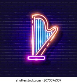 Harp neon icon. Music glowing sign. Musical instrument concept. Vector illustration for Sound recording studio design, advertising, signboards, vocal studio