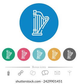 Harp outline flat white icons on round color backgrounds. 6 bonus icons included.