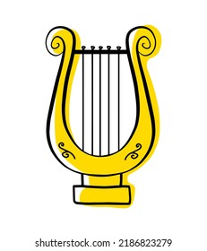 Harp outline musical instrument, vector isolated silhouette, simple hand drawn lyre doodle icon.