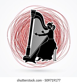Harp player designed on confuse line background graphic vector.