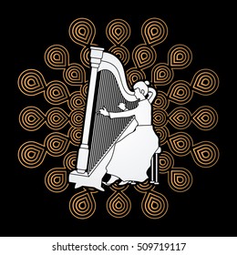 Harp player designed on fireworks background graphic vector.