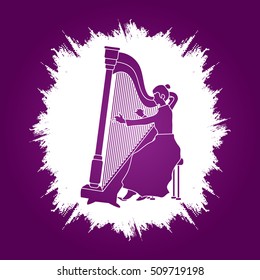 Harp player designed on grunge frame background graphic vector.