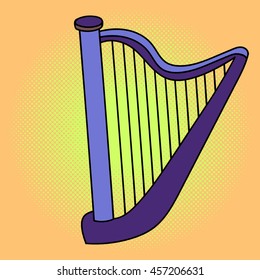 Harp pop art vector illustration. Beautiful style comic. Hand-drawn musical instrument.
