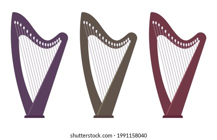 Harp, professional string musical instrument elegant set. Soothing relaxation and music inspiration performance. Vector flat style cartoon illustration isolated, white background, different colors