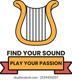 A harp with a ribbon that says Find Your Sound Play Your Passion