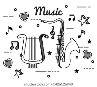 harp and saxophone with treble clef and quaver with beam notes