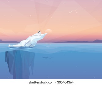 Harp seal on a melting iceberg in the arctic ocean under sunset.