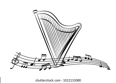 Harp in the sheet music. Pattern for musical events. Black and white poster. Vector illustration.