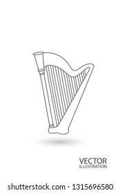Harp sign on a white background with place for text. Classical string musical instrument. Harp linear icon. Vector illustration