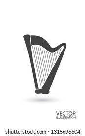 Harp sign on a white background with place for text. Classical string musical instrument. Harp silhouette. Vector illustration