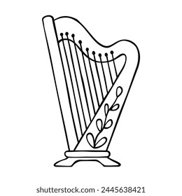 Harp sketch in doodle style. Music instrument lyra hand drawn vector.