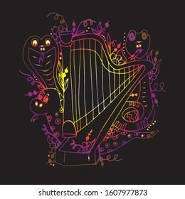 Harp and snakes. Bright hand-drawn illustrations. Clear outline. Cobra.