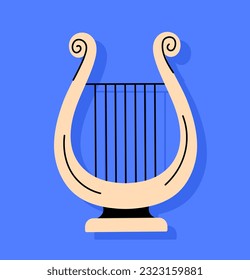 Harp sticker concept. Traditional musical instrument. Creativity and art. Sticker for social networks and messengers. Cartoon flat vector illustration isolated on blue background