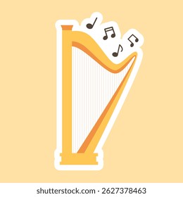 Harp sticker with music notes on isolated  background.Vector illustration