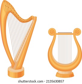 The harp. A stringed musical instrument. The golden harp. Vector illustration isolated on a white background