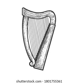 boceto de instrumentos musicales de cadena harp grabando ilustración vectorial. Diseño de impresión de ropa de camiseta. Imitación de tablero de raquetas. Imagen dibujada a mano en blanco y negro.