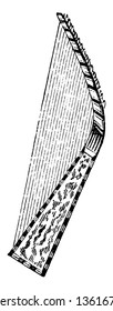 El arpa es un instrumento musical de cadena que tiene varias cadenas individuales que corren en ángulo con su banda sonora, dibujo de línea vintage o ilustración de grabado.