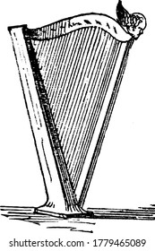 El arpa es un instrumento musical de cadena que consiste en una serie de cadenas individuales que corren en ángulo con su banda sonora; las cuerdas se caen y se juegan con los dedos, vintage.