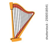 A harp with strings in a flat style. A stringed plucked musical instrument with frames between which many strings are stretched. A flat vector illustration highlighted on a white background. Strings