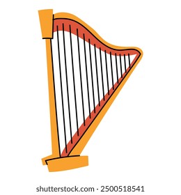 A harp with strings in a flat style. A stringed plucked musical instrument with frames between which many strings are stretched. A flat vector illustration highlighted on a white background. Strings