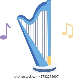 A harp surrounded by floating musical notes, symbolizing the beauty of music and harmony.