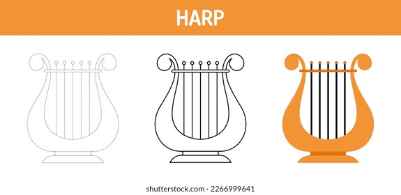 Harp tracing and coloring worksheet for kids