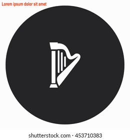 Harp web icon. Crey circle button with white illustration.