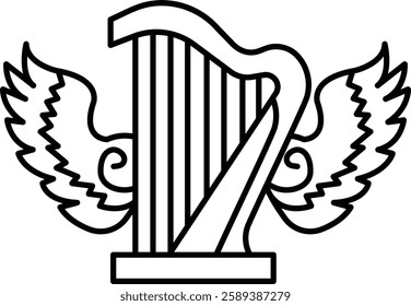 A harp with white wings is the main focus of the image